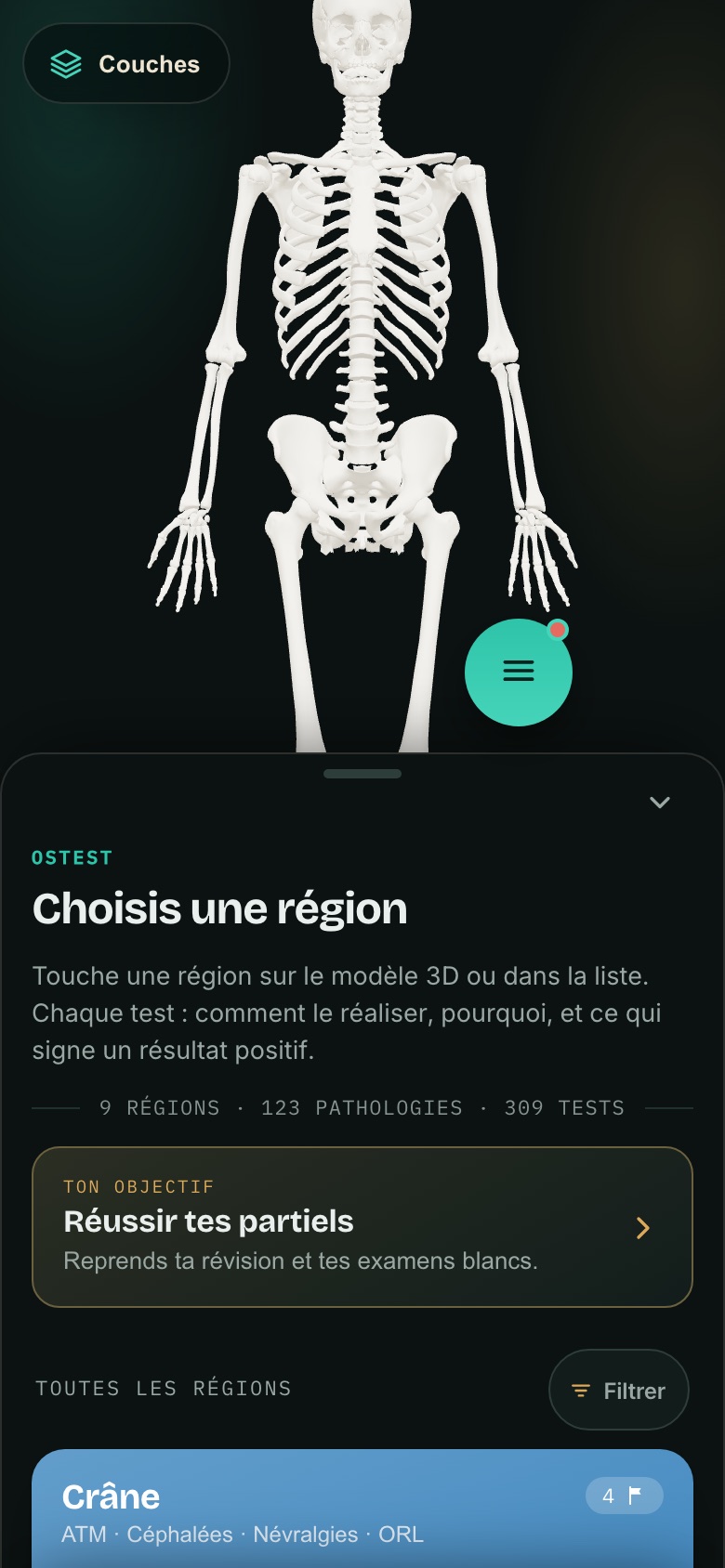 Ostest sur téléphone en mode portrait : le modèle 3D et la feuille des régions